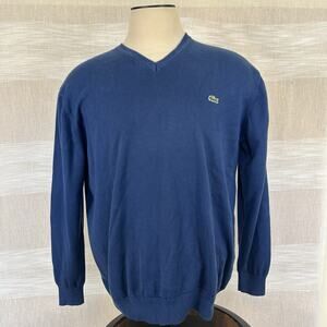 Lacoste Mens V Neck Sweater Sz 7 Navy Blue Alligator Logo Cotton Pullover Preppy